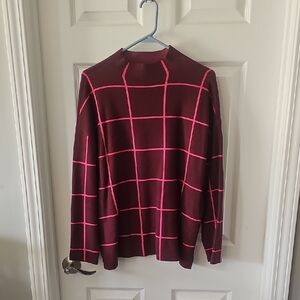 LOFT Maroon Sweater With Pink Grid Design